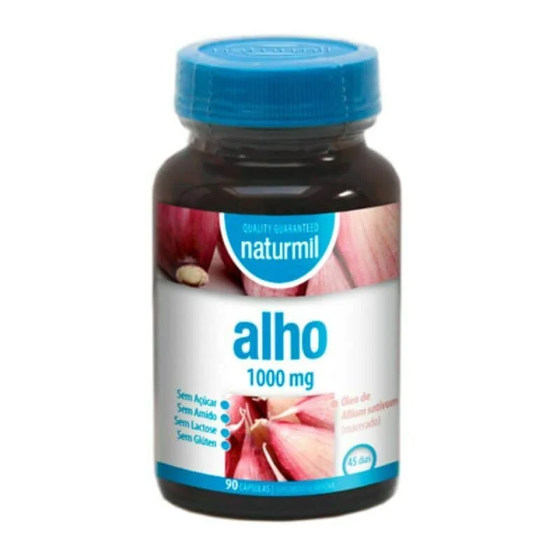 Alho 1000mg Naturmil 90 Cápsulas Frasco de suplemento de alho Naturmil 1000 mg com tampa azul e rótulo branco e azul