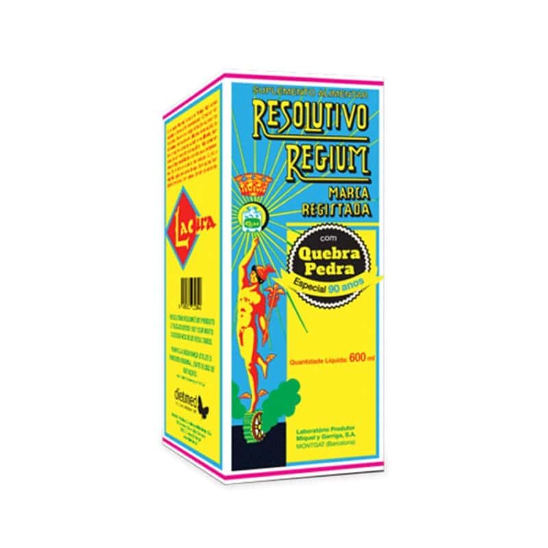 Resolutivo Regium C/ Quebra Pedra Dietmed 600 ml Caixa do produto Resolutivo Regium Maria Resistida amarela com detalhes azuis e pretos