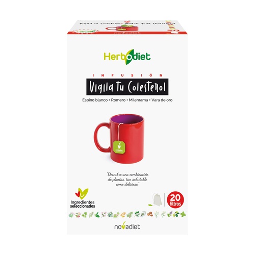 Vigila Tu Colesterol Herbodiet 20 Saquetas Embalagem Herbodiet Infusión Vigila tu Colesterol com imagem de caneca vermelha e detalhes textuais