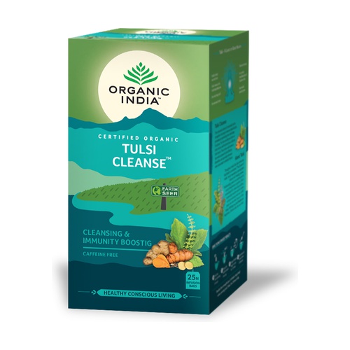 Tulsi Cleanse Infusão Organic India 25 saquetas Caixa de chá orgânico Tulsi Cleanse com design verde e azul e imagens de ervas