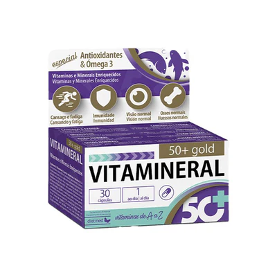 Vitamineral 50+ Gold Dietmed 30 Cápsulas Caixa do suplemento VITAMINERAL 50+ gold com informações sobre vitaminas e minerais