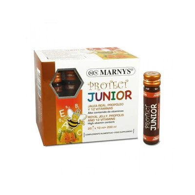 Protect Júnior Marnys 20 Frascos Embalagem e frasco do suplemento alimentar Marnys Protect Junior com figura de abelha e vitaminas