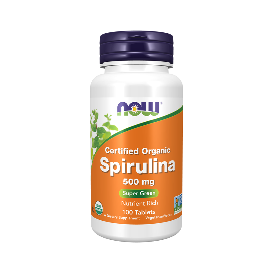 Spirulina 500mg Now 100 Comprimidos Frasco de Spirulina 500 mg com rótulo laranja e branco