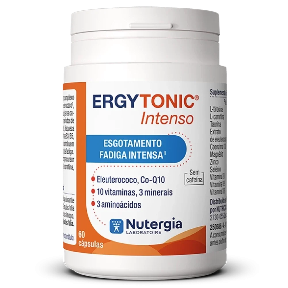 Ergytonic Intenso 60 cápsulas Nutergia Frasco de suplemento Nutergia ERGYTONIC Intenso para fadiga intensa com ingredientes e 60 cápsulas