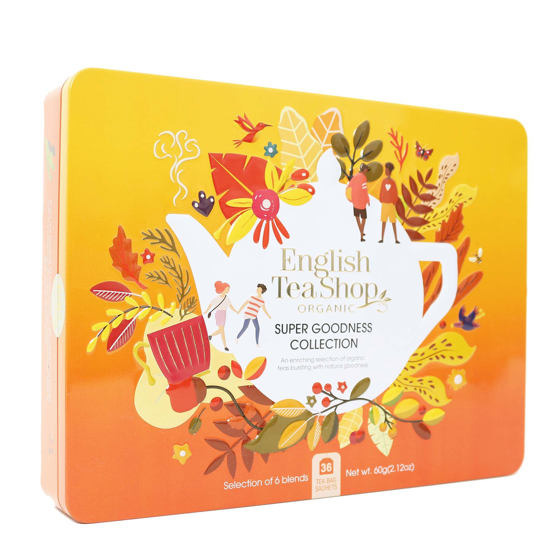 Lata Super Goodness Collection Tea English 36 saquetas Caixa metálica colorida de chá English Tea Shop Organic Super Goodness Collection com ilustrações de chávena, folhas e pessoas