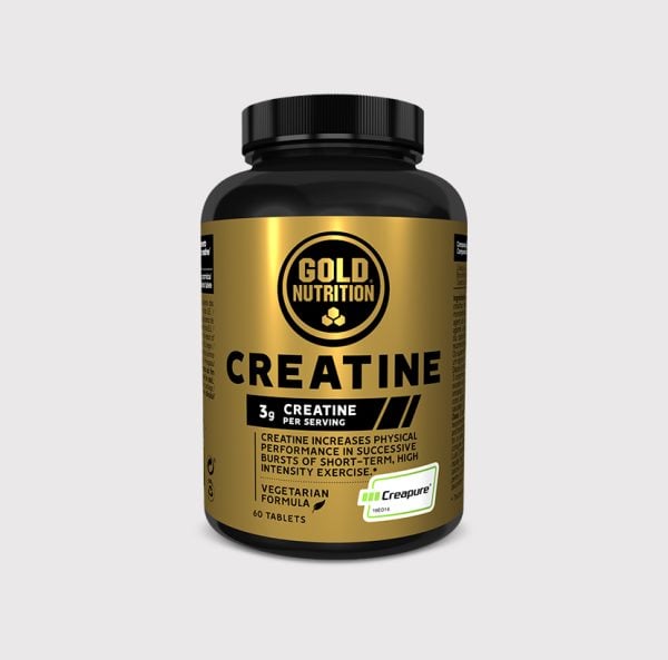Creatine 1000mg Gold Nutrition 60 Cápsulas Frasco de suplemento Gold Nutrition Creatine com etiqueta dourada e preta