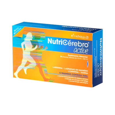 NutriCérebro active Calêndula 30 ampolas Caixa amarela e azul de suplemento alimentar NutriCérebro active com figura humana correndo