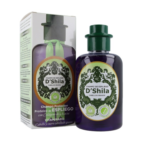 Shampoo Proteico de Lavanda D'Shila 300ml Champô D'Shila de espliego para cabelos grasos em embalagem e frasco roxo com detalhes verdes