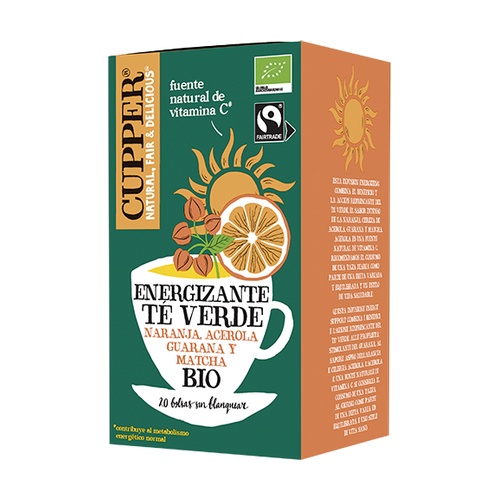 Energizante Cupper 20 Saquetas Embalagem de chá verde energizante CUPPER com design verde e laranja, ilustração de chávena e frutas.
