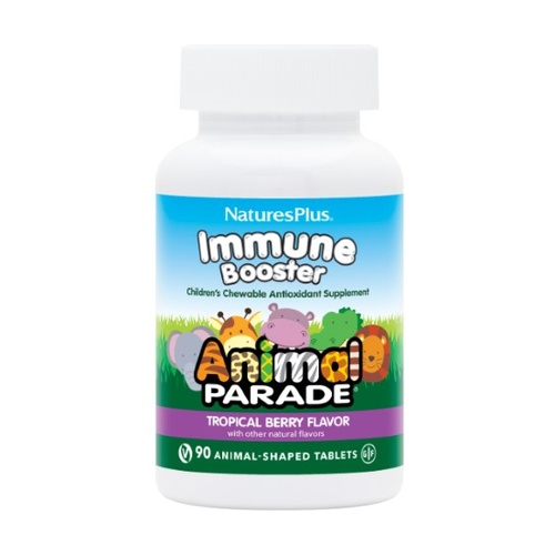 Immune Booster Natures Plus 90 Comprimidos Frasco de suplemento infantil Immune Booster Animal Parade com desenhos de animais e rotulo colorido