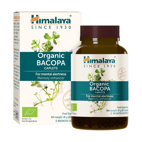 Organic Bacopa Himalaya 60 Cápsulas Suplemento alimentar Himalaya Organic Bacopa em embalagem e frasco