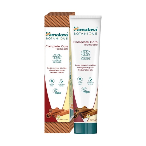 Pasta de Dentes Complete Care Canela Himalaya 75ml Pasta de dentes Himalaya Botanique Complete Care com embalagem verde e branca e imagem de canela