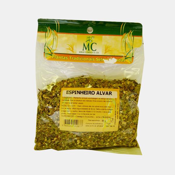 Espinheiro Alvar Morais E Costa 60g Pacote de espinheiro-alvar em embalagem plástica transparente com rótulo amarelo.