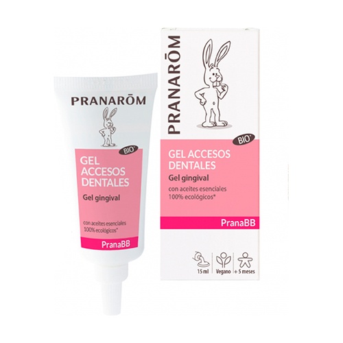 Gel Primeira Dentição Pranarom 15ml Gel gengival para acessos dentários PRANARÔM em tubo branco e rosa com caixa à frente