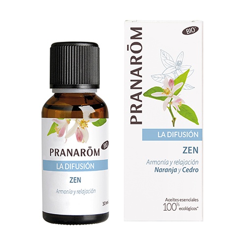 Difusão Zen Pranarom 30ml Frasco e caixa de óleo essencial Pranarôm Zen com rótulo branco e desenho de folhas e flores
