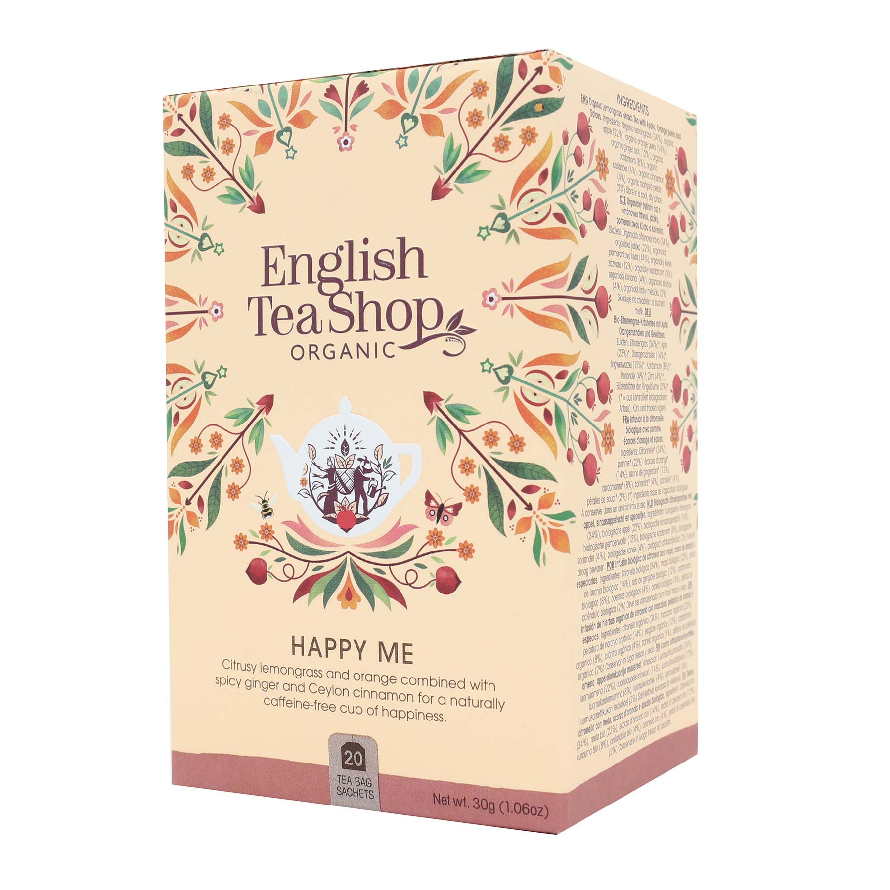 Happy Me English TeaShop 20 saquetas Caixa de chá orgânico English Tea Shop com design floral colorido e texto 'HAPPY ME'