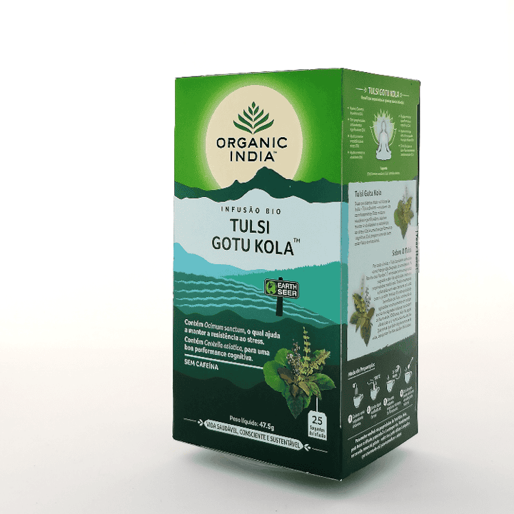Tulsi Gotu Kola Infusão Organic India 25 saquetas Embalagem verde e branca de chá Organic India Tulsi Gotu Kola com 25 saquetas