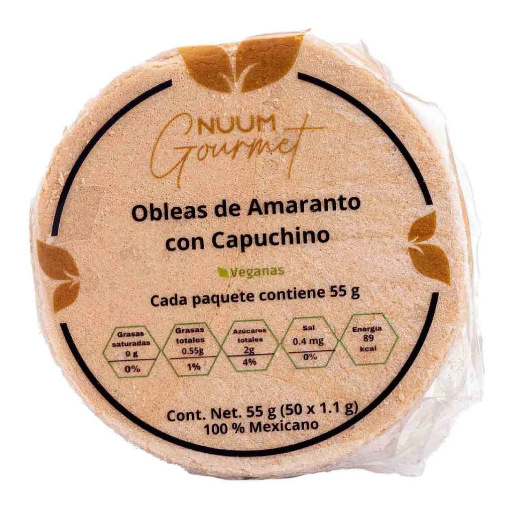 Obleas de Amaranto c/ Capuchino Nuum 55g Pacote redondo de Obleas de Amaranto com Capuchino NNUM Gourmet