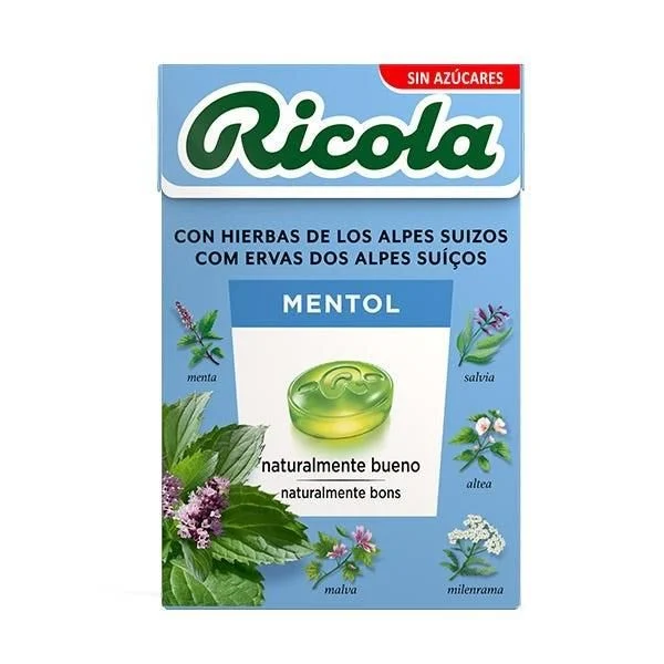 Rebuçados de Mentol Ricola 50g Embalagem azul e verde de pastilhas Ricola Mentol com ilustrações de ervas e texto em espanhol e português