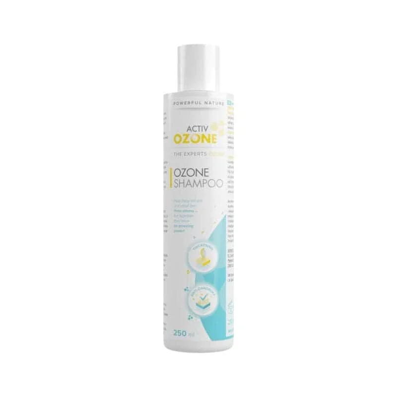 Activ Ozone Shampoo 250ml Frasco branco de shampoo com rótulo azul e branco e texto ACTIV OZONE