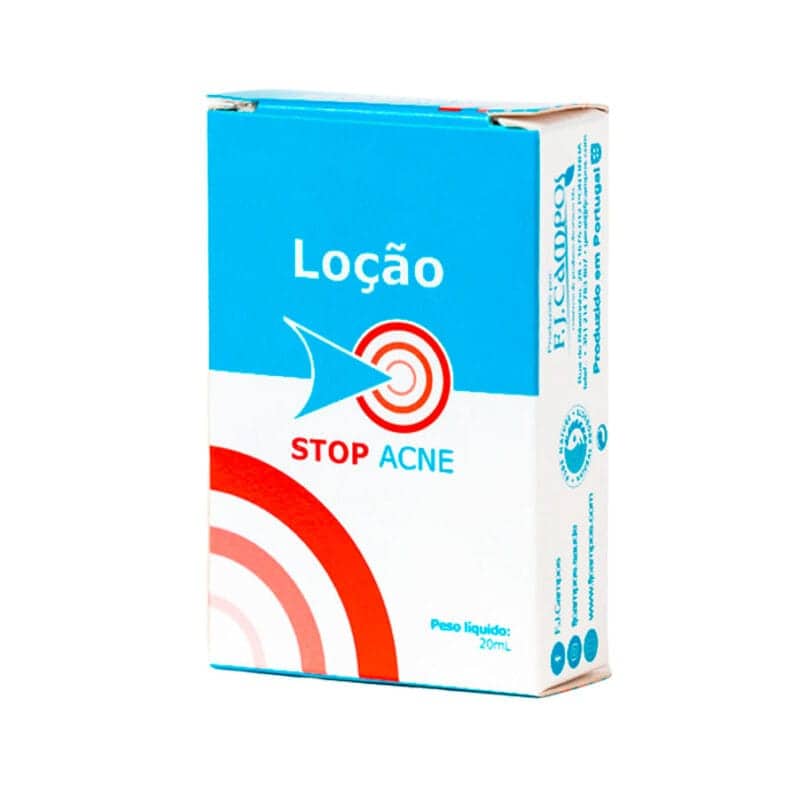 Loção Stop Acne Pure Nature 20ml Embalagem retangular de loção STOP ACNE azul, branco e vermelho com texto visível