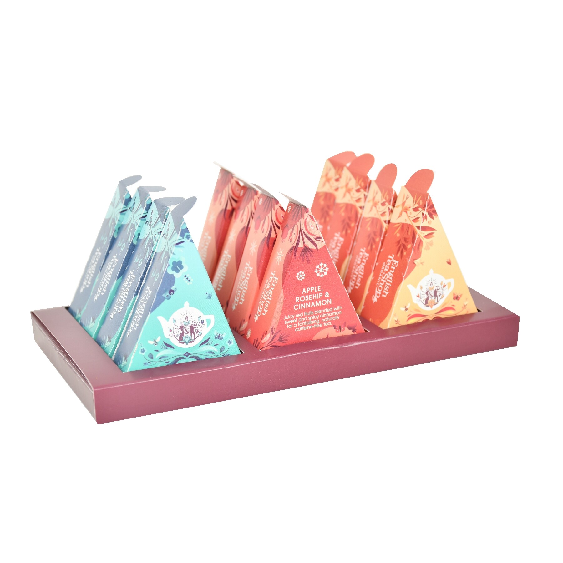 English TeaShop Birthday Moments 12 pirâmides Display com embalagens triangulares de chá em três cores e base retangular vinho