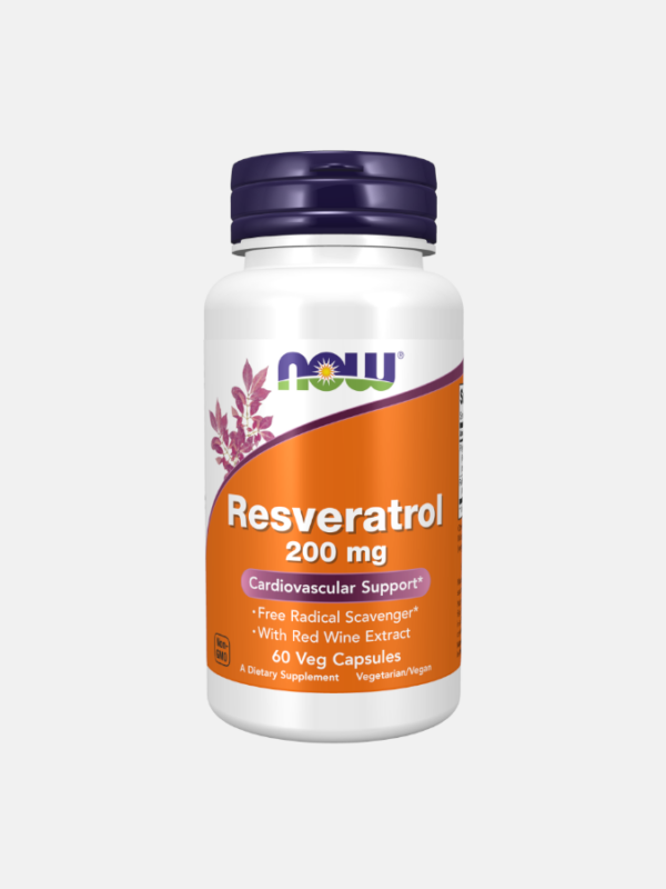 Resveratrol 200mg 60 cápsulas Now Frasco de Resveratrol NOW 200 mg com tampa roxa