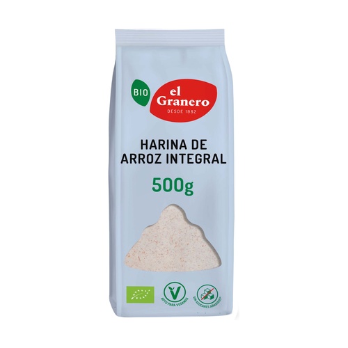 Farinha Arroz Integral El Granero 500g Pacote de farinha de arroz integral el Granero 500g com símbolos biológico e vegan