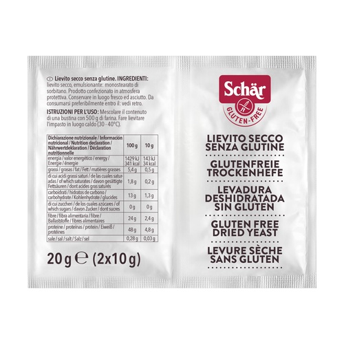 Levedura seca de pão Dr. Schar 2x10g Pacote branco com dois sachês de fermento seco sem glúten Schär