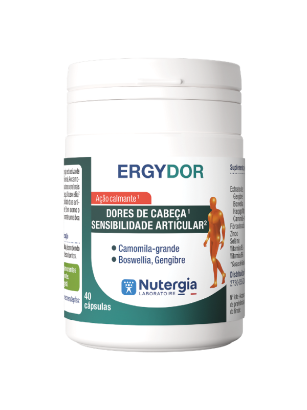 Ergydor Nutergia 40 cápsulas Frasco branco de suplemento ERGYDOR com texto e figura humana laranja na etiqueta
