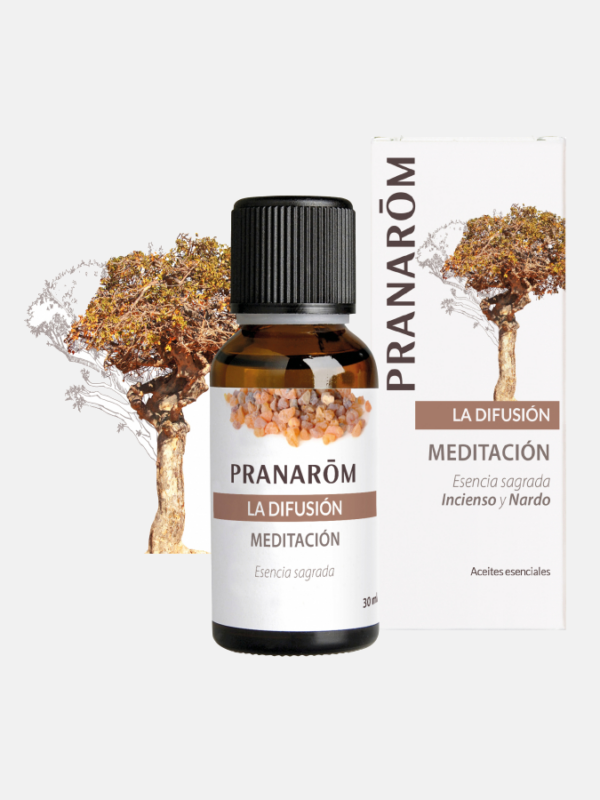 Meditação Difusão BIO Pranarom 30ml Frasco e embalagem de óleo essencial Pranarôm Meditación com árvore ilustrada