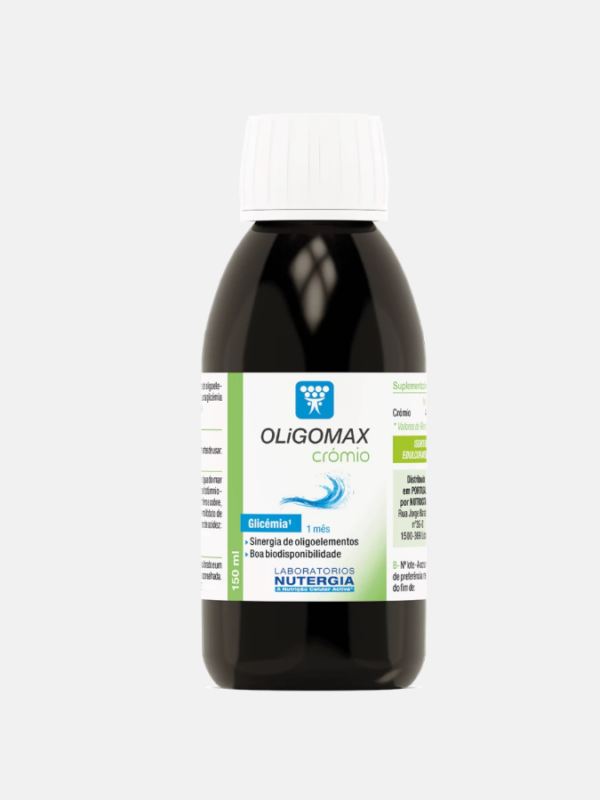 Oligomax Crómio 150ml Nutergia Frasco de suplemento alimentar Oligomax Crómio com etiqueta branca e verde