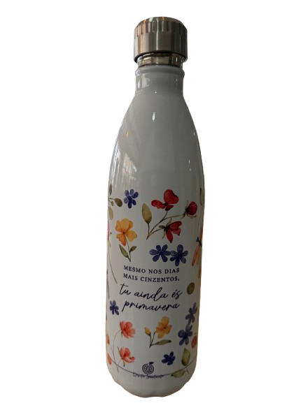Garrafa Térmica 1 Litro - Mesmo nos dias mais cinzentos, tu ainda és primavera. Garrafa térmica branca com flores coloridas e texto em português