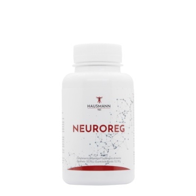 Frasco branco do suplemento NEUROREG da marca HAUSMANN com tampa branca