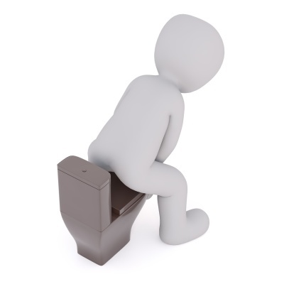 Figura 3D sentada numa sanita cinzenta