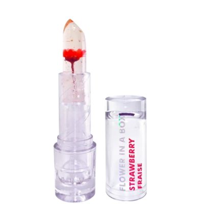 Batom transparente com flor vermelha e embalagem com texto colorido