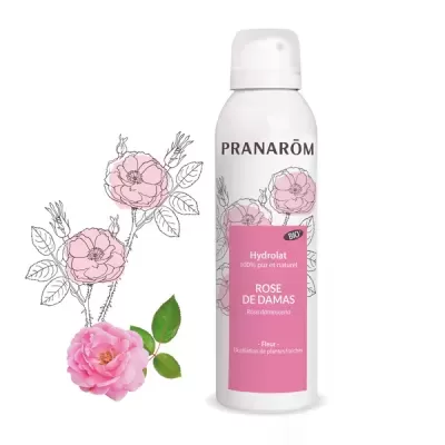 Frasco branco de spray de Hydrolat rosa de Damas da PRANARÔM com ilustração de rosa cor-de-rosa