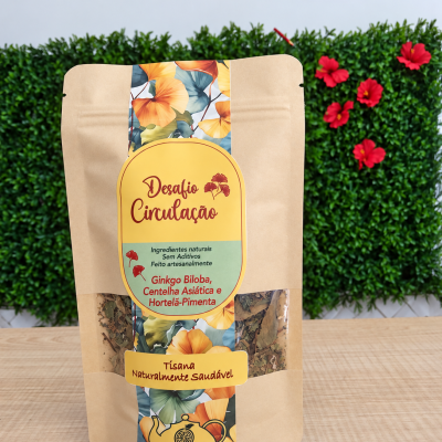 Embalagem de tisana Desafio Circulação com design floral e texto em português