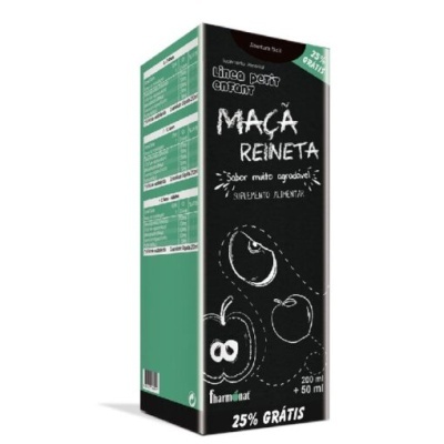 Embalagem de sumo de maçã reineta com texto branco sobre fundo preto e verde