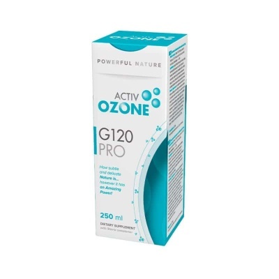 Embalagem branca e azul de suplemento alimentar ACTIV OZONE G120 PRO