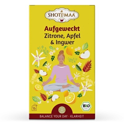 Embalagem amarela de chá SHOTIMAA Aufgeweckt com limão, maçã e gengibre e ilustração de mulher a meditar