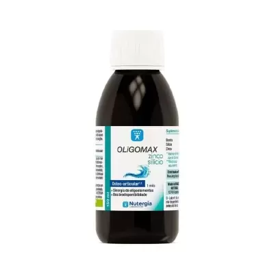 Frasco de suplemento Oligomax zinco silício com rótulo branco e azul