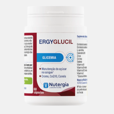 Frasco branco de suplemento alimentar ERGYGLUCIL Nutergia