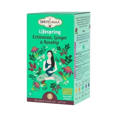 Embalagem verde de infusão ayurvédica SHOTI MAA Lifespring com ilustração de mulher meditando e plantas.