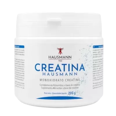 Frasco branco de suplemento de creatina Hausmann TEC com texto azul e preto e tampa branca