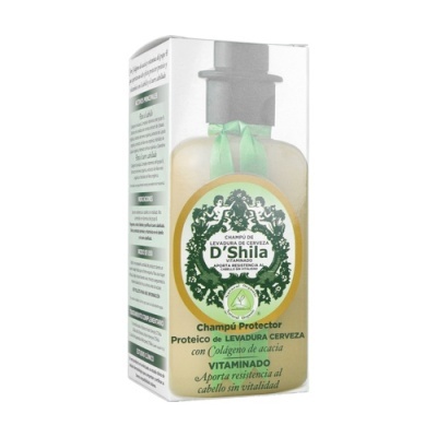 Champô Protector D'Shila com tampa preta e líquido amarelo dentro de embalagem branca