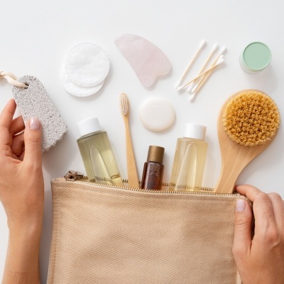 Nécessaire bege com itens de higiene, incluindo frascos, escovas, algodões, pedra-pomes e gua sha