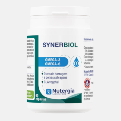 Frasco branco de suplemento alimentar SYNERBIOL com rótulo azul e verde