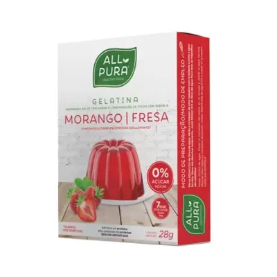 Embalagem de gelatina de morango All Pura branca e vermelha com imagem de gelatina e morangos