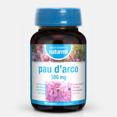 Frasco de suplemento Naturmil pau d'arco 500 mg com tampa azul